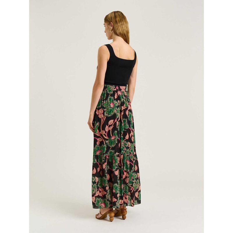 Veronika Maine Noir Batik Bloom Georgette Tiered Maxi Skirt image number 1